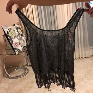 Gray flowy summer shirt with loose strings